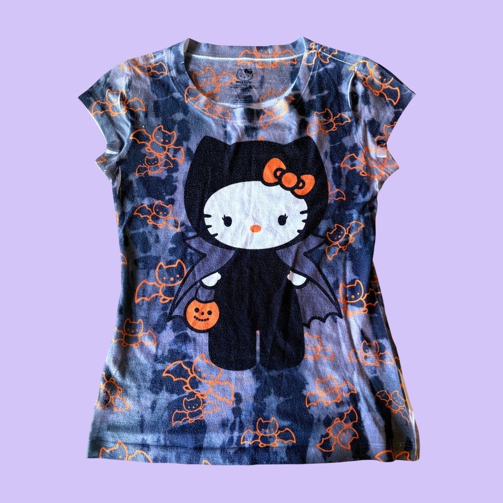 Y2K Hello Kitty Halloween Vampire Bat Graphic Tee Shirt Scene Goth #18